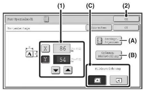 (1) Fax/Specialmodi Xartenbeilage (2) CX Aborechen CX X 86 Y 54 (A) Grössen- Rückstellung (B) Bildausrichtung