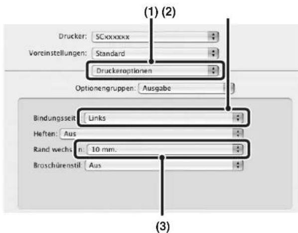 (1) (2) Drucker: SCxxxxxx Voreinstellungen: Standard Druckeroptionen Optionengruppen: Ausgabe Bindungsseit Links Heften: Aus Rand wechs n: 10 mm. Broschürenstil Aus (3)