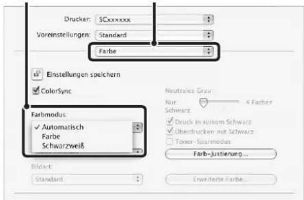 Drucker: SCxxxxxx Voreinstellungen: Standard Farbe Einstellungen speichern ColorSync Farbmodus: ✓ Automatisch Farbe Schwarzweiß Neutrales Grau Nur 4 Farben Schwarz ✓ Druck in reinom Schwarz ✓ Überdrucken mit Schwarz □ Toner-Sparmodus Farb-Justierung... Bildart: Standard Erweiterte Farbe...
