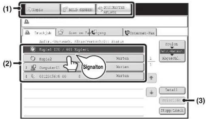 (1) Kopie BILD SENDEN DOKUMENTEN SPEACH Druckjob Scan an Fax Urgang Internet-Pax Auftr.-Wartesch. 58to/fortschritt Status Kopie1 020 / 001 Kopfert Kopie2 3 Computer01 4 0312345678 00 Signalton Warten 1 1 Warten Warten Spulon Walt.-Wartesch. Abgesech... Detail Privat-As Stopp/Loach (2) (3)