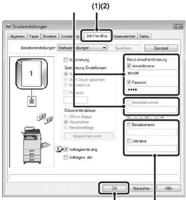 (1)(2) Druckeinstellungen Job-Handling Passergeichen Farbe Abgrenzeinstellungen: Werkseinflungen Speichem Standard Benutzereinstellungen Speicherung Einsstellungen Name Nach Druck epiochem Beigeldruck Passwort Dokumentenablage Offene Ablage Hauptordner Benutzerablage Gespeichet unter... Auftragsende ang Auftragsnr. abr Benutzeraufentüfung Anneidename abodef Password ••••• Benutzernummer Stückstoffe und IP Benutzomame Jobname OK Abbrechen Hilfe