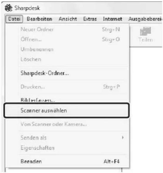 Sharpdesk Datei Bearbeiten Ansicht Extras Internet Ausgabeberei Neuer Ordner Strg+N Öffnen... Strg+O Umbenennen Löschen Sharpdesk-Ordner... Drucken... Strg+P Rildel-FlaveH... Scanner auswählen Von Scanner oder Kamera... Senden als > Eigenschaften Beenden Alt+F4