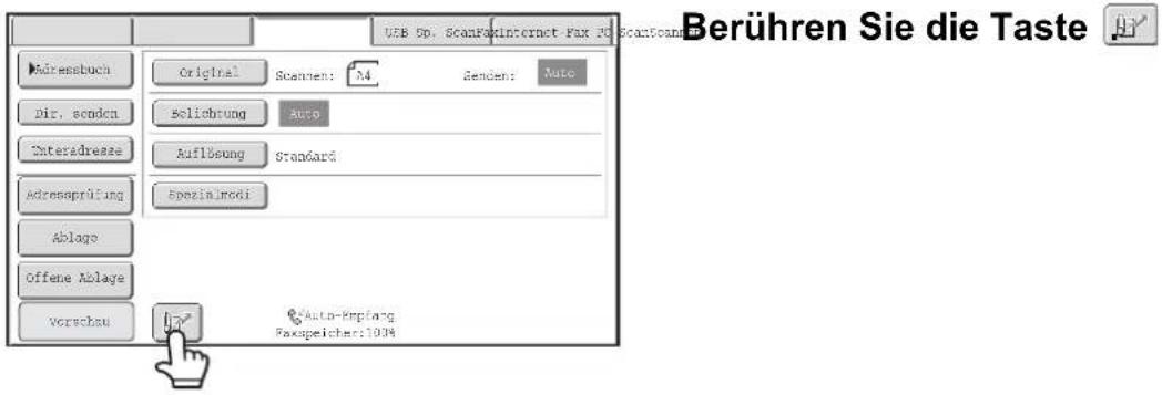 Berühren Sie die Taste USB Sp. ScanFoxInternet Fax 10 ScanScan Addressbuch Original Scanmen: N4 Sendent: Auto Dir. senden Solichung Auto Enteradresse Auflösung Standard Adresseprüfung Spezialmodi Ablage Offene Ablage Verschau Auto-Kmfang Faxguischer:100% 100%