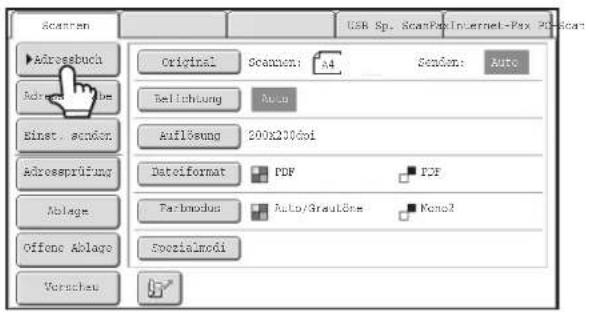 Scanpen Adressbuch Adressbuch Binst. sdenor Adressprüfung Ablage Offone Ablage Verschau Original Scanpen: a4 Senden: Auto Reilichung Auto Auflösung 200x200doi Dateiformat PDF PDF FarImodus Auto/Greutöne Kono2 Spezialmodi USB Sp. ScanPax Internet-Psx P2-Scan