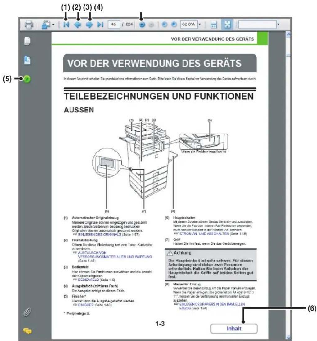 (1) (2) (3) (4) VOR DER VERWENDUNG DES GERÄTS VOR DER VERWENDUNG DES GERÄTS Indiscom Abschnitt erhalten Sie grundständnis Informationen zum Gerät. Bits lassen Sie dieses Kapital vor Verwendung des Geräts aufmarktam durch. TEILEBEZEICHNUNGEN UND FUNKTIONEN AUSSEN (1) Automatischer Originaleinzug Mehrere Originale können eingezogen und gesamt werden. Bede Seiten von bedseit bestnutken Originalen können automatisch gesamt werden. ■EINLEGEN DES ORIGINALS (Seite 1-37) (2) Frontabdeckung Often Sie diese Abdeckung um eine Toner-Kartusche zu wechsel. ■AUSTAUSCH VON VERSORGUNGSMATERIALIEN UND WARTUNG (Seite 1-48) (3) Bedienfeld Hier können Sie Funktionen auswählen und die Anzahl der Koplan eingaben. ■BEDIENFELD (Seite 1-6) (4) Ausgabefach (mittleres Fach) Die Ausgabe erfolgt an dieses Fash. (5) Finisher* Hiermit kann die Ausgabe gehaltet werden. ■FINISHER (Seite 1-43) * Peripherlegerät. (6) VOR DER VERWENDUNG DES GERÄTS (1) Automatischer Originaleinzug Mehrere Originale können eingezogen und gesamt werden. Bede Seiten von bedseit bestnutken Originalen können automatisch gesamt werden. ■EINLEGEN DES ORIGINALS (Seite 1-37) (7) Frontabdeckung Often Sie diese Abdeckung um eine Toner-Kartusche zu wechsel. ■AUSTAUSCH VON VERSORGUNGSMATERIALIEN UND WARTUNG (Seite 1-48) (8) Hauptschalter Mit diesem Schalter können Sie das Gerät ein- und ausschalten. Verm Sie die Fax-oder Internet-Fax-Funktionen verwerden, muss sich der Schalter in der Position Air befinden. ■STROM AN-UND ABSCHALTEN (Seite 1-10) (9) Griff Halten Sie ihn fest, wenn Sie das Gerät bewegen. Achtung Die Haupteinheit ist sehr schwer. Für diesen Arbeitsgang sind daher zwei Personen erforderlich. Halten Sie beim Anheben der Haupteinheit die Griffs auf beiden Seiten gut fest. (10) Marueller Einzug Verwenier Sie dessen Einzug, um das Paper manuel einzulegen. Verm Sie Papier einlegen, das großer istals AA oder 8-1/2" x 11", müssen Sie die Veränderung des manuellen Einzugs ausziehen. ■EINLEGEN DES PAPERS IN DEN MANUELLEN EINZUG (Seite 1-34) Inhalt * Peripherlegerät. 1-3