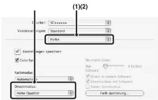(1)(2) Brucker: SCxxxxxx Voreinstellungen: Standard Farbe Einstellungen speichern ColorSync Farbmodus: Automatis Druckmodus: Hohe Qualität Neutrales Graur: Nur Schwarz 4 Farben ✓ Druck in reinem Schwarz ✓ Überdrucken mit Schwarz ☐ Toner-Sparmodus Farb-Justierung...