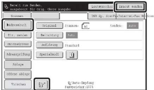 Bereit zum Senden. Ausgabcort für Erig. Obere Ausgabe Laureprocher Erncut sonden Scannen DSR Ap. ScanPaxInternet-Pax Pk-Scan Adressbuch Original Scanen: A4 fonden: Auto Dir. senden Delichtung Auto Unteradresse Anfälligung Standard Adressprüfung Spezialmodi Ablage Offene ablape Vorschau Auto-Empfang Faxspeicher:100%