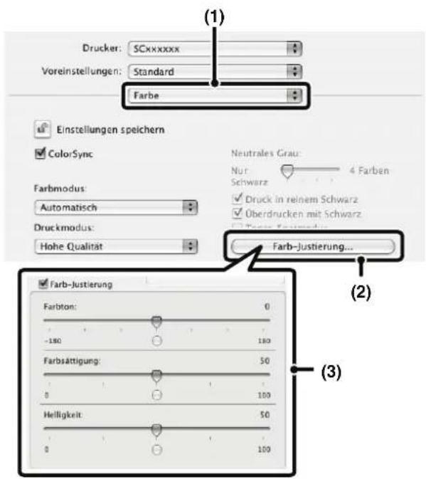 (1) Drucker: SCxxxxxxx Voreinstellungen: Standard Farbe Einstellungen speichern ColorSync Farbmodus: Automatisch Druckmodus: Hohe Qualität Neutrales Grau: Nur 4 Farben Schwarz Druck in reinem Schwarz Oberdrucken mit Schwarz Farb-Justierung... (2) Farb-Justierung Farbiton: 0 -180 180 Farbsättigung: 50 0 100 Helligkeit: 50 0 100 (3)