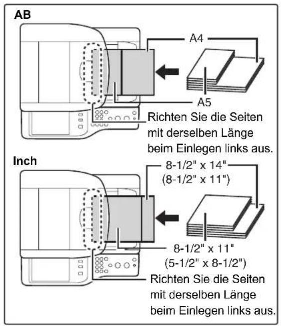 AB A4 A5 Richten Sie die Seiten mit derselben Länge beim Einlegen links aus. Inch 8-1/2" x 14" (8-1/2" x 11") 8-1/2" x 11" (5-1/2" x 8-1/2") Richten Sie die Seiten mit derselben Länge beim Einlegen links aus.