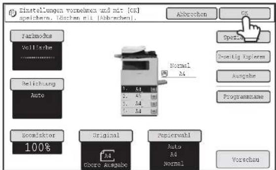 Einstellungen vornehmen und mit [OK] speichern. (Bechen mit [Abbrechen. Farmodus Veilfarbe Belichtung Auto Scomfaktor 100% Original A4 Obere Ausgabe Papierwahl Auto A4 Normal Normal A4 Spenzücks Zesamtig Kapieren Ausgabe Programname Vorschau