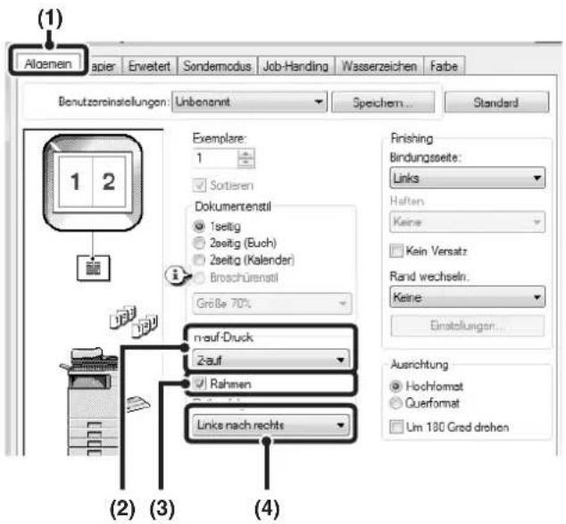 (1) Algemein papier Erwetert Sonderemodus Job-Handing Wasserzeichen Faibe Benutzerinstellungen: Unbenannt Speichen... Standard Exemplare: 1 Sortieren Dokumentenstil 1seitig 2seitig (Buch) 2seitig (Kalender) Broschürenstil Größe 70% Finishing Bindungsseite: Links Heften Keine Kein Versatz Rand wechseln: Keine Einstellungen... Ausrichtung Hochlomat Guefomat Um 180 Grad drohen (nauf-Duck zauf Rahmen Links nach rechts (2) (3) (4)