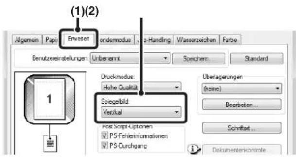 (1)(2) Algemein Papi Enweiter endemodus e-Handling Wasserzeichen Farbe Benutzerinstellungen Unberannt Spechen Standard Druckmodus: Hohe Qualität Spiegelbild: Vertikal Überagerungen (keine) Bearbeiten... Schrittart... Dokumenterkontrolle PostScript-Optionen PS-Fehlerinformationen PS-Durchgang