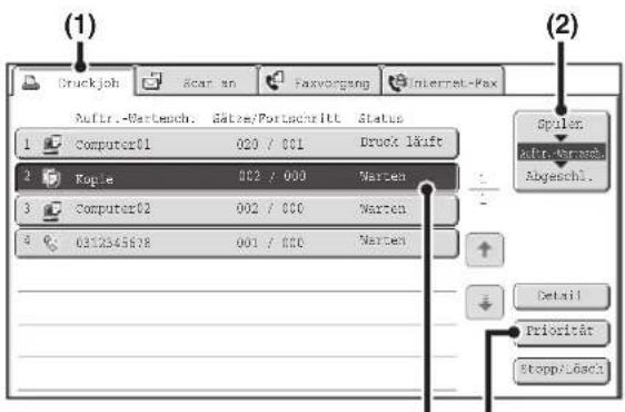 (1) Druckjob Scan an Faxvorgang Internet-Fax Aufr.-Wartesch. Sätze/Portschritt Status 1 Computer01 020 / 001 Druck l'äkt 2 Kopie 002 / 000 Warten 3 Computer02 002 / 000 Warten 4 6312345678 001 / 000 Warten (2) Spulen Aufr.-Wartesch. Abgeschl. Detail Priorität Stopp/Löse