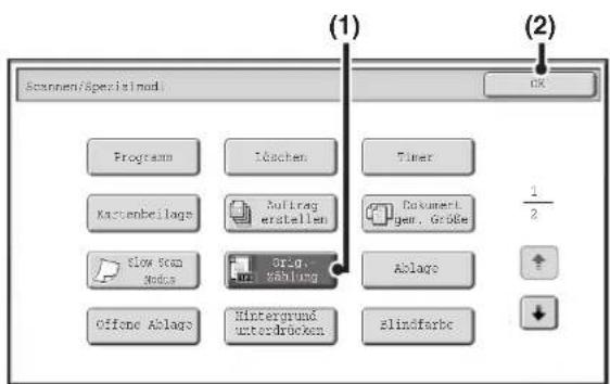 Scannen/Specialmod Program Idachen Timer Kostenbeitlage Auftrag erstellen Dokument gem. Größe Flow Box Redue Orig. Ablage Offene Ablage Hintergrund unterdrücken Ablage slindfarbe (1) (2)
