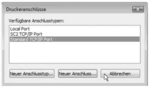 Druckeranschlüsse Verfügbare Anschlusstypen: Local Port SC2 TCP/IP Port Standard TCP/IP Port Neuer Anschlusstyp... Neuer Anschluss... Abbrechen