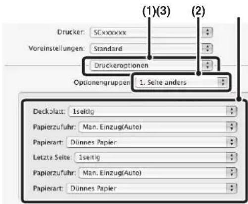 Drucker: SCxxxxxx Voreinstellungen: Standard Druckeroptionen Optionengruppen 1. Seite anders Deckblatt: 1seitig Papierzufuhr: Man. Einzug(Auto) Papierart: Dünnes Papier Letzte Seite: 1seitig Papierzufuhr: Man. Einzug(Auto) Papierart: Dünnes Papier