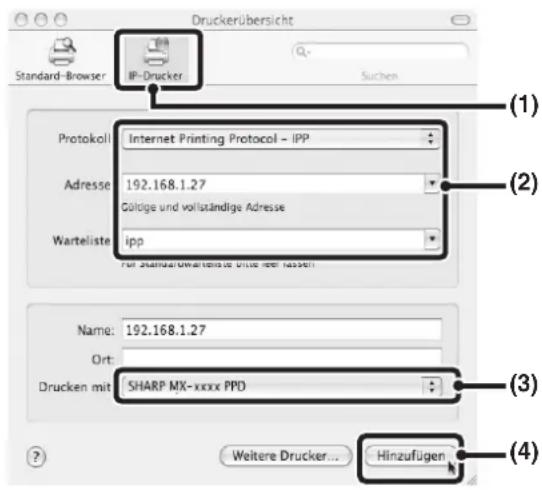 Druckerübersicht Standard-Browser IP-Drucker Protokoll Internet Printing Protocol - IPP Adresse 192.168.1.27 Gültige und vollständige Adresse Warteliste ipp Für standard Warteliste für nicht lassen Name: 192.168.1.27 Ort: Drucken mit SHARP MX-xxxx PPD Weitere Drucker... Hinzufügen