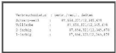 Verbrauchsanlatus : Verbr./ren.1. Seiten Schwarz-weil3 : 87,654,321/12,345,678 Vollfarbe : 87,654,321/12,345,678 2-farbig : 87,654,321/12,345,678 1-farbig : 87,654,321/12,345,678