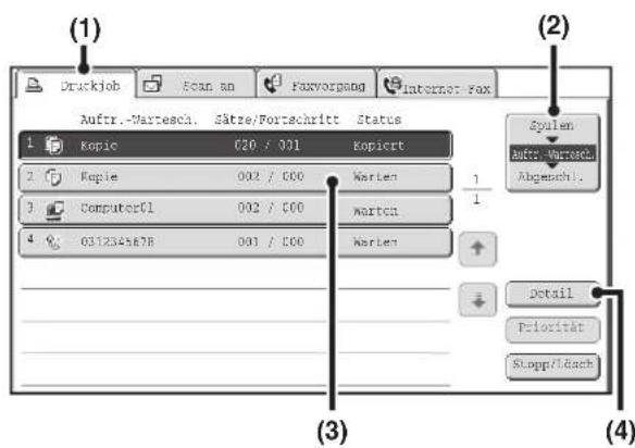 (1) Druckjob Scan an Foxvorgang Internet: Fax Aufr.-Martesch. Sätze/Fortschritt Status Kopic 020 / 031 Kopiert Kopie 002 / 000 Warten Computer01 002 / 000 Warten 0312345678 031 / 000 Warten (2) System Aufr.-Martesch. Abgueschl. Detail Priorität Stopp/Idack (3) (4)