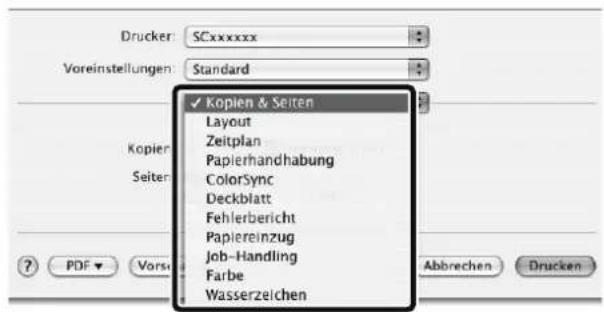 Drucker: SCxxxxxx Voreinstellungen: Standard Kopien & Seiten Layout Zeitplan Papierhandhabung ColorSync Deckblatt Fehlerbericht Papiereinzug Job-Handling Farbe Wasserzeichen