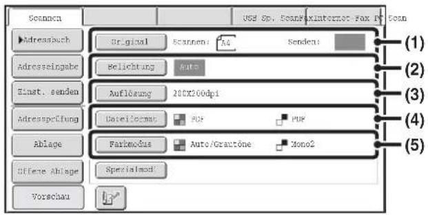 Scannen Original Scannen: 84 Senden: Adressbuch Adrezeingabe Belichtung Auto Einst. senden Auflösung 200X200dpi Adressprüfung Dateilogram PDF PDF Ablage Farbmodus Auto/Grantöne Mono2 Offere Ablage Specialmod Vorschau (1) (2) (3) (4) (5)