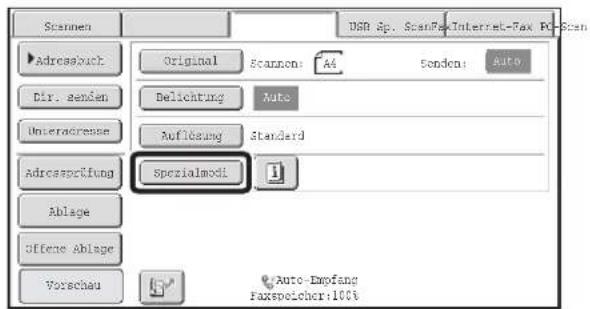 Scanen Original Scanen: A4 Sendens: Auto Dir. senden Delichtung Auto Interadresse Auführung Standard Adressertrifung Spezialmodi Ablage Offere Ablage Vorschau Auto-Empfang Faxspeicher:100%