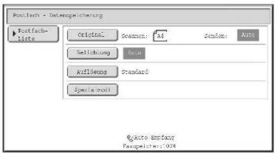 Postfach - Datenapeicherung Postfach- Liste Original Geamen: AI Senden: Auto Belichtung Auto Auflösung Standard Spezialmodi Auto Empfang Faxapeicher:100%