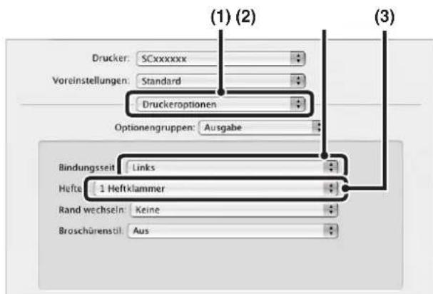 (1) (2) Drucker: SCxxxxxx Voreinstellungen: Standard Druckeroptionen Optionengruppen: Ausgabe Bindungszeit: Links Heftel: 1 Heftklammer Rand wechseln: Keine Broschürenstil: Aus