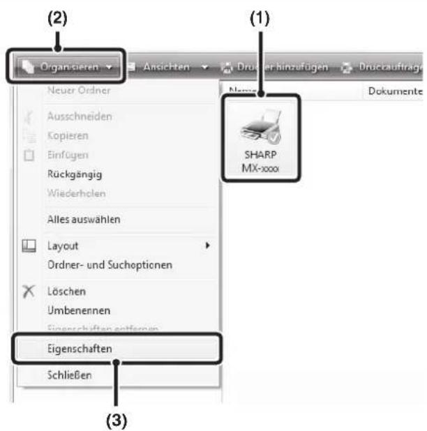 (2) Organisieren Ansichten Drucker hinzufügen Druckaufträge Neuer Ordner Ausschneiden Kopieren Einfügen Rückgängig Wiederholen Alles auswählen Layout Ordner- und Suchoptionnen Löschen Umbenennen Eingenschaften entfernen Eigenschaften Schließen (1) Dokumente SHARP MX-xxx (3)