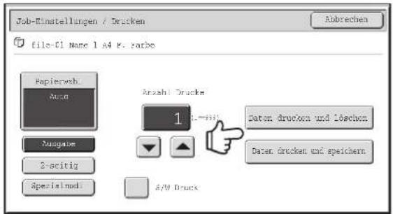 Job-Einstellungen / Drücken file-01 Name 1.84 K - garbo Abbrechen Papierweb Auto Anzahl Drucke: 1 Daten drucken und Lösechern Daten drucken und speichern Nugate 2-적itig Specialmod: 6/9 Druck