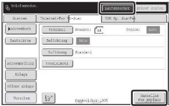 Telefonmodus. lautsprecher Erneut senden Scanen Internet-Fax C-Scan USB Sp. ScanFak Adressbuch Original Scanen: A4 Sendori Auto Lautsärke Delfichung Auto Auflösung Standard Adressprüfung Spezialmodi Ablage Offene Ablage Vorschau Faxpreicher:100% Manuelier Fax Empfang