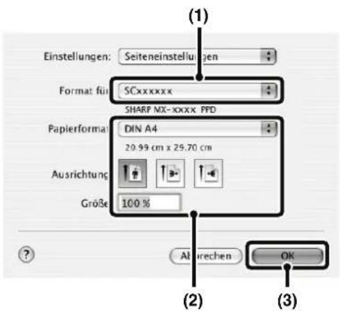 Einstellungen: Seiteneinstellungen Format für SCxxxxxx SHARP NX-xxxx FPD Papierformat DIN A4 20.99 cm x 29.70 cm Ausrichtung Größe 100 % Altrechen OK (1) (2) (3)