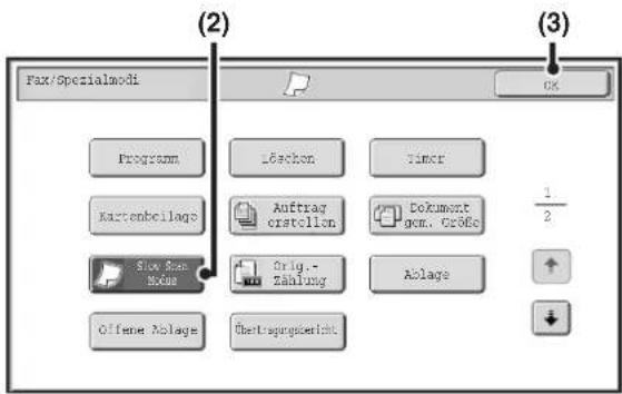 (2) Fax/Specialmodi Program Kartenbeilage Slow Scan Mode Offene Ablage Löchen Auftrag erstellen Orig.-Zählung Übertragsgesamt Timer Dokument gen. Größe Ablage (3) OK 1/2