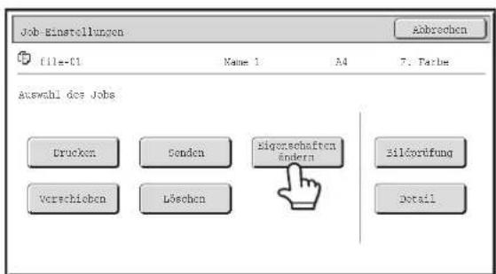 Job-Einstellungen File-01 Name 1 A4 7. Parbe Auswahl des Jobs Drucken Senden Eigorschaften ändern Zilfsortifung Verschieben Lösehen Detail