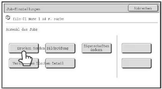 Job-Einstellungen file-Cl Name 1 A4 F. farbe Abbrechen Auswahl das Jobs Drucken Sorden Bildprüfung Elyerschaften ändern Verschenden Flaschen Detail