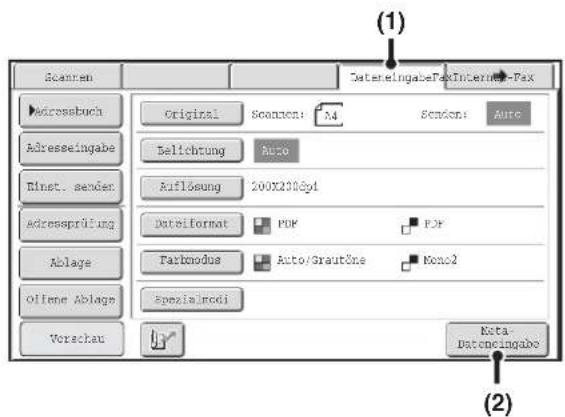 Scanen DateneingabePaxInternete-Pax Addressbuch Original Scanen: 24 Scanen: Auto Adresseingabe Belichtung Auto Einst. sender Auflösung 200X200Gy1 Adressprüfung Dataformat PDF PDF Ablage Farbmodus Auto/Graute Kono2 offene Ablage Spezialrodi Vorschau Kota- Dateneingabe (1) (2)