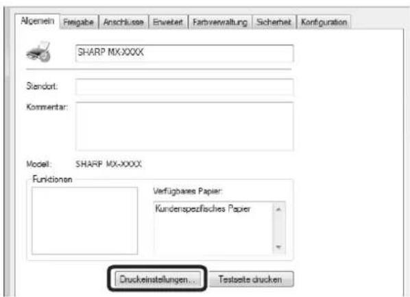 Algemein Freigabe Anschluss Erwelter Farbverwaltung Sicherheit Konfiguration SHARP MX-XXXX Standort: Kommentar: Model: SHARP MX-XXXX Funktionen Verfügbares Papier: Kunderspezifisches Papier Druckeinstellungen... Testseite drucken