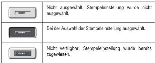 Nicht ausgewählt, Stempeleinstellung wurde nicht ausgewählt. Bei der Auswahl der Stempeleinstellung ausgewählt. Nicht verfügbar, Stempeleinstellung wurde bereits zugewiesen.