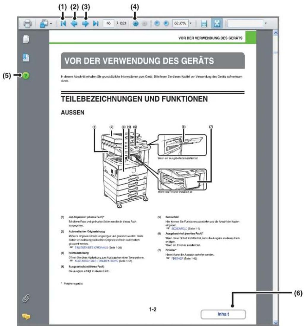 (1) (2) (3) (4) VOR DER VERWENDUNG DES GERÄTS VOR DER VERWENDUNG DES GERÄTS In diesem Abschnitt erhalten Sie grundätzliche Informationen zum Gerät. Bitte lesen Sie dieses Kapitel vor Verwendung des Geräts aufmerksam durch. TEILEBEZEICHNUNGEN UND FUNKTIONEN AUSSEN (1) Job-Separator (oberea Fach)* Erhaltene Fass und gedruide Seiten werden in dieses Fach ausgegeben. (2) Automatischer Originalsstrung Mehrere Grisade können eingezogen und gesamt werden. Bekle Seiten von beibetig bedruckem Originalen können automatisch gesamt werden. EINLEGEN DES ORIGINALS (Seite 1-06) (3) Frontabdeckung Öfthen Sie diese Abdeckung zum Austauschen einer Tonerpatrone. AUSTAUSCH DER TONERPATRONE (Seite 1-51) (4) Ausgabefach (mittleras Fach) Die Ausgabe erfolgt an diesen Fach. * Perphenegastis. (5) Bedienfeld Hier können Sie Funktionen auswählen und die Anzahl der Kopien eingeben. BODENFIELD (Seite 1-7) (6) Ausgabefinheit (rechte Fach)* Worn diese Einhalt Installiert ist, kam die Ausgabe an diese Fach erfolgen. Worn ein Finisher installiert ist. (7) Finisher* Hiermal kann die Ausgabe gehaltet werden. FINISHER (Seite 1-42) (6) Inhalt 1-2