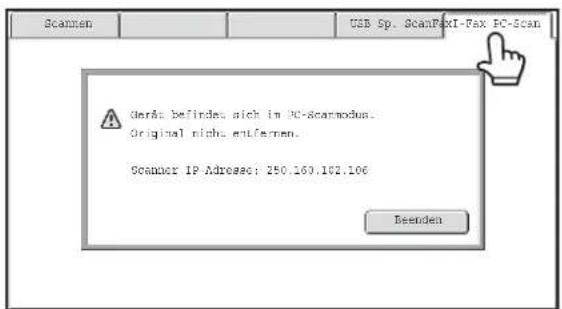 Scannen USB Sp. ScanPaxI-Fax PC-Scan Deräte befindet sich in PC-Scanmodus. Original nicht entfernen. Scanner IP Adresec: 250.169.182.106 Deenden
