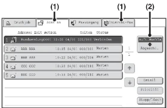 (1) Cruckjob Scan an Paxvorgang Internet-Pax (1) (2) Adresee Zeit setzen Seiten Status Rundsenung:0001 10:30 04/01 328/603 Verbinden AAA AAA 10:35 04/01 000/001 Warten BBB BSS 10:22 04/01 000/004 Warten CCC CCC 10:30 04/01 000/016 Warten DUC DCC 10:33 04/01 000/016 Warten Aufl. Machta Abgeschl. Detail Priorität Sloppy/16cm