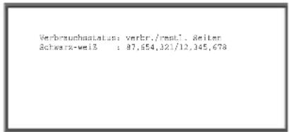 Verbrauchstatus: verbr./reptl. Seiter Schwarz-weiz : 87,654,321/10,345,678
