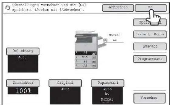 einstellungen vornehmen und mit [OK] sorgichern. Lechen mit (Abbröchen) Abbrachen CX Spezial- und 2-um/L. Kopin Ausgabe Programmans Belichtung Auto Normal A4 Zoomtaktor 100% Original Auto Papierwahl Auto A4 Normal Vorschau
