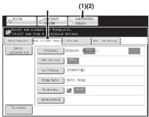 (1)(2) KOFIR DOKUMENTEN- SICUM DOKUMENTEN- ASLAGE Bereit zum Scannen für Festplierte. [Start] zum Scan d. originale drücken. Dateienwied. Span zu RUD resten/-Status Rat: Desenzug. Datei Information Original Scannen: Spentzern: Reliehung Ausc Auflösung 200x20Capi Komp Rate Mitt. Komp. Perbindung Auto Spezialmodi Vorschau