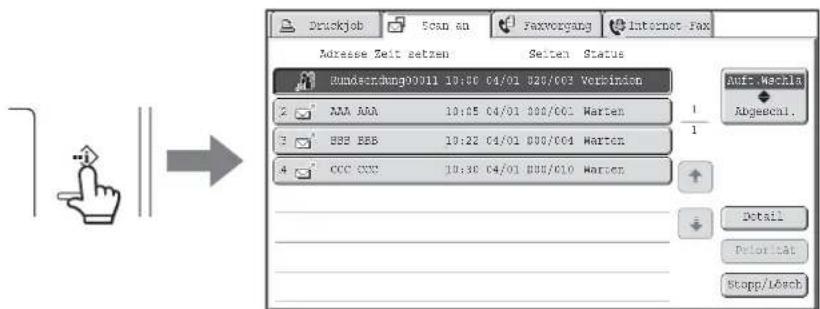 Druckjob Scan an Faxvorgang Internet Fax Adresse Zeit setzen Seiten Status Rundeordnung00011 10:00 04/01 020/003 Verbinden AAA AAA 10:05 04/01 000/001 Harten 1 BBB BBB 10:22 04/01 000/004 Harten CCC XXX 10:30 04/01 000/010 Harten Auf: Mechla Abgescal. Detail Priorität Stopp/Ussch
