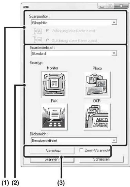 Scanpostion : Glasplatte Zuführung Inke Kante zuerst Zuführung obere Kante zuerst. Scanbetriebsart : Standard Scantyp Monitor Photo FAX OCR Bildbereich : Denutzerdefiniest Vorschau Zoom-Voransichi Scannen Schliessen (1) (2) (3)