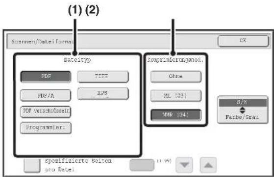 (1) (2) Scannen/Datei Format Dateityp PDF TIFP PDF/A XP8 PDF verschiedene Programmier. Komprinderungenlei. Ohne ML (93) MR (94) S/% Farbe/Grai Spezifizierte Boilen pro Datei (1-9%)