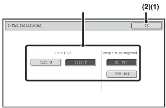 I-Fax/Dateitormat (2)(1) Dateityp TIFP S TIFP F Komprinierungsmod. MIR 103 MIR 104