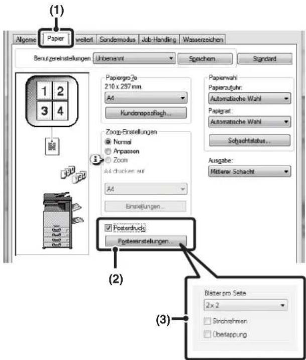 (1) Algeme Paper weichert Sonderemodus Job-Handling Wasserzoichen Benutzereinstellungen Unbenannt Speichem Standard Papiergro 2e 210 x 257 mm. A4 Kundenspotzifisch... Zoop-Einstellungen Normal Anpassen Zoom A4 drucken auf A4 Einstellungen... Posterdruck Posterewinstellungen... Papierwahl Papierzufuhr: Automatische Wahl Papigrat: Automatische Wahl Schachtstatus... Ausgabe: Mittener Schacht (2) Blätter pro. Seite 2 x 2 Strichrahmen Obetappung (3)