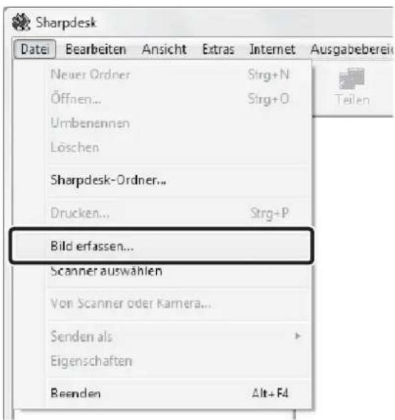 Sharpdesk Datei Bearbeiten Ansicht Extras Internet Ausgabeberein Neuer Ordner Strg+N Öffnen... Strg+O Umbenennen Löschen Sharpdesk-Ordner... Drucken... Strg+P Bild erfassen... Scanner auswahlen Von Scanner oder Kamera... Senden als Eigenschaften Beenden Alt+F4